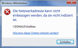 Windows 7 Fehlermeldung: Netzwerkadresse kann nicht einbezogen werden, da sie nicht indiziert ist