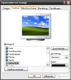 Hintergrundbild bei Windows XP über Eigenschaften von Anzeige ändern